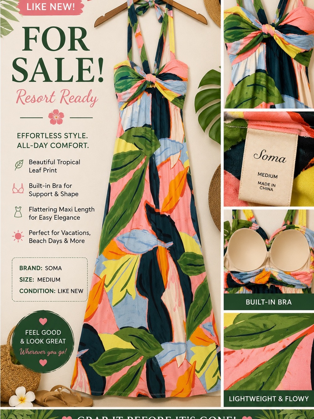 Soma Tropical Leaf Maxi Dress in Coral, Navy & Lime